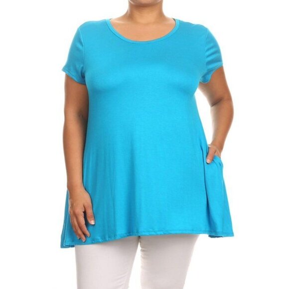 Women's Plus Size Turquoise Tunic Top With Pockets Scoop Neck Short Sleeves Stre - Picture 6 of 8